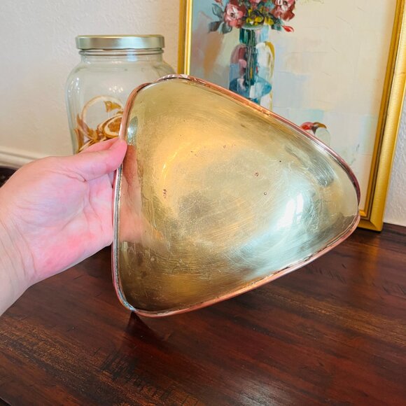 Vintage Brass & Copper Trim Coffee Table Triangle Bowl Cottagecore Traditional - Picture 6 of 7